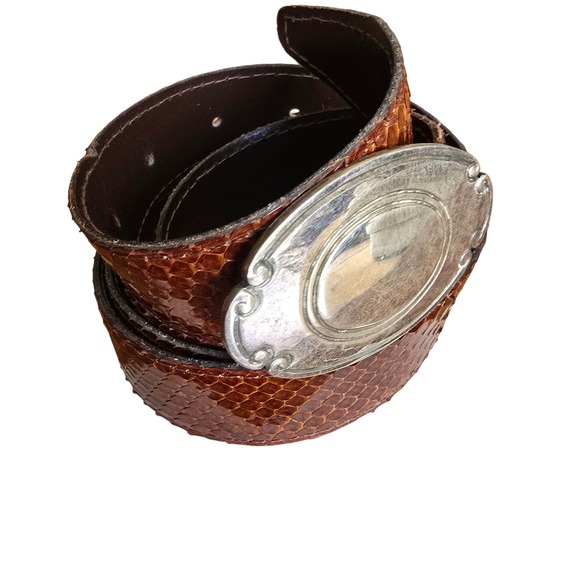 Vintage Accessories - Vintage Cognac Brown Snakeskin Belt with Ornate Silver Oval Buckle Western Boho